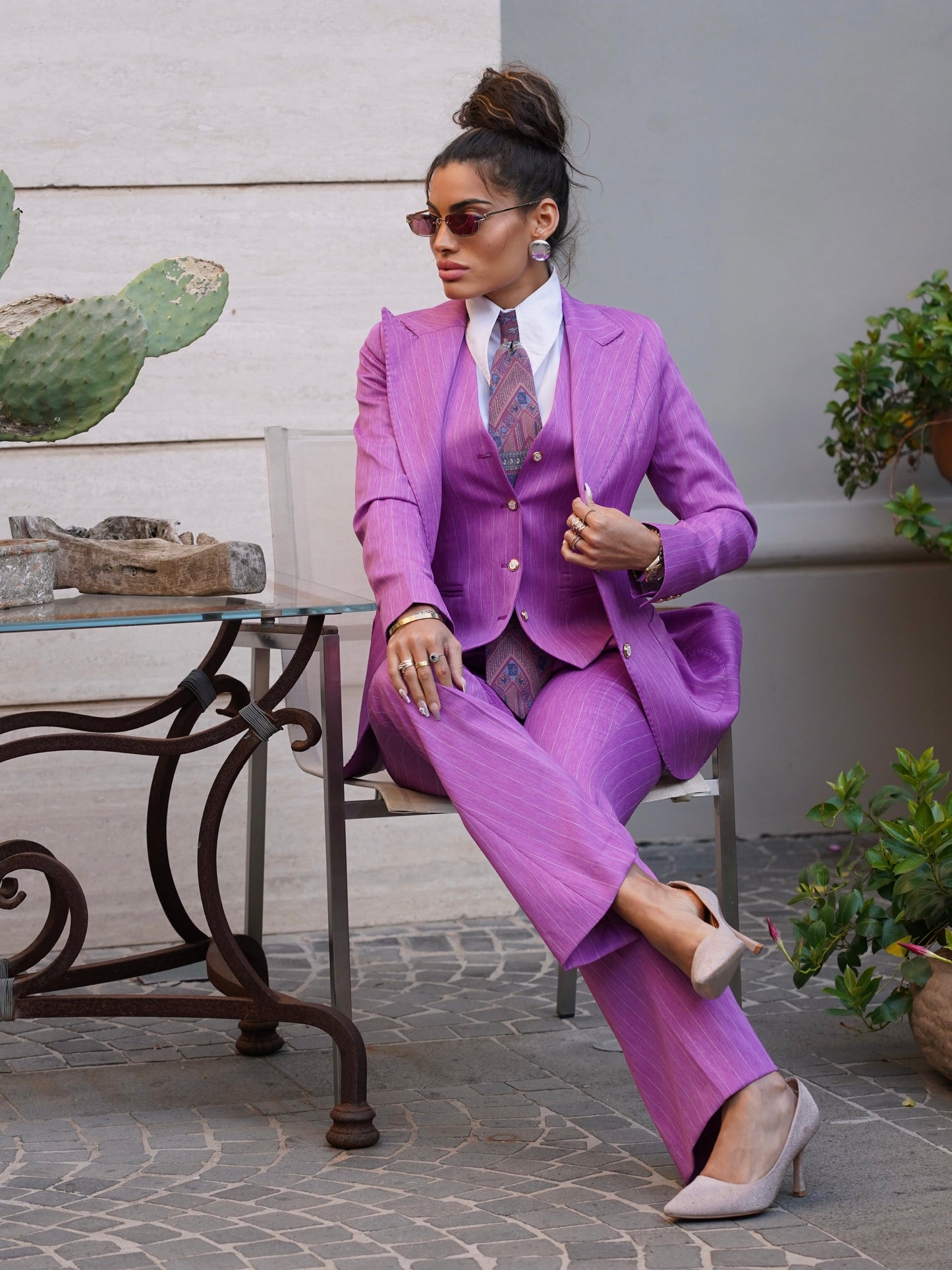 Pantalone rosa fucsia gessato a zampa