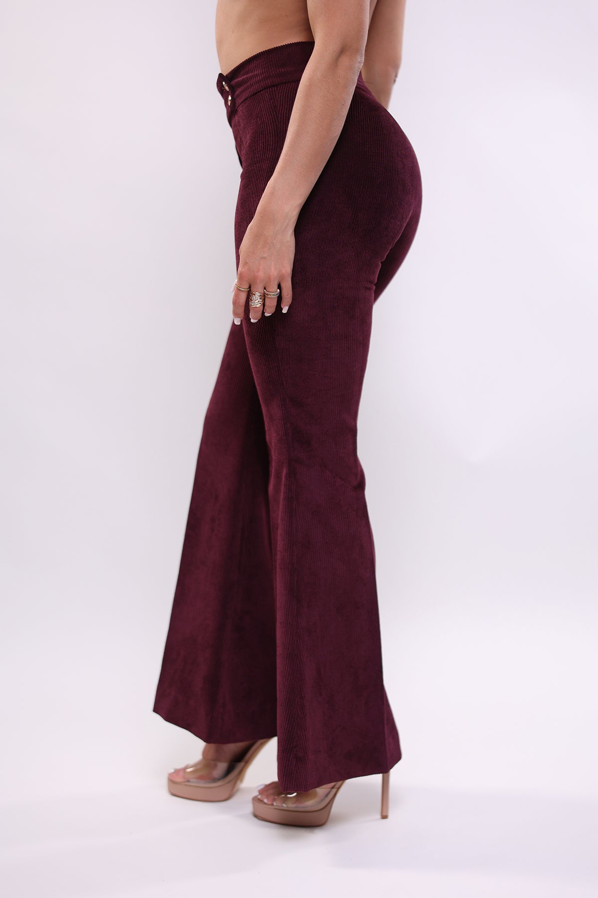 Pantalone a vita alta bordeaux a coste .