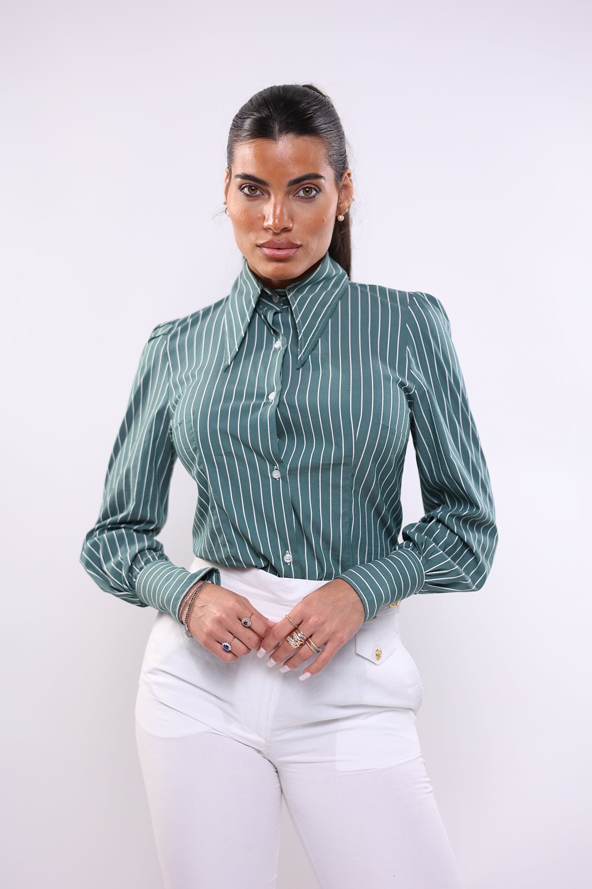 Camicia mory collo a vela verde rigato
