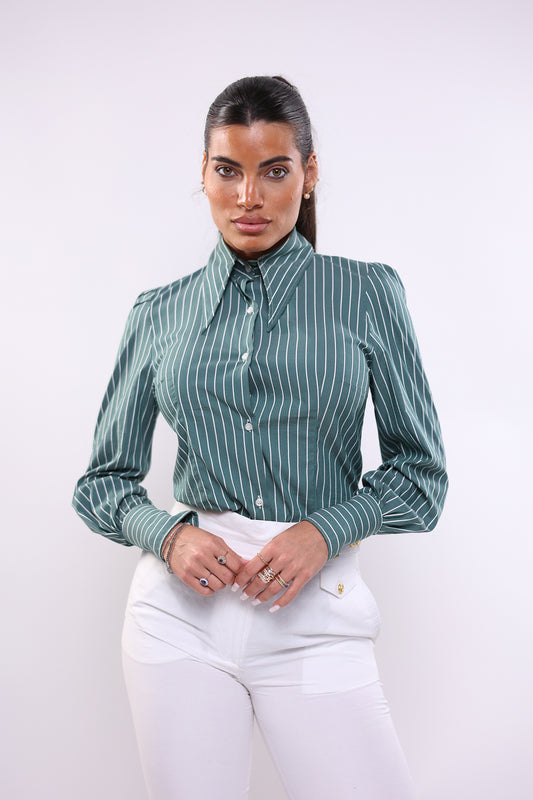Camicia mory collo a vela verde rigato