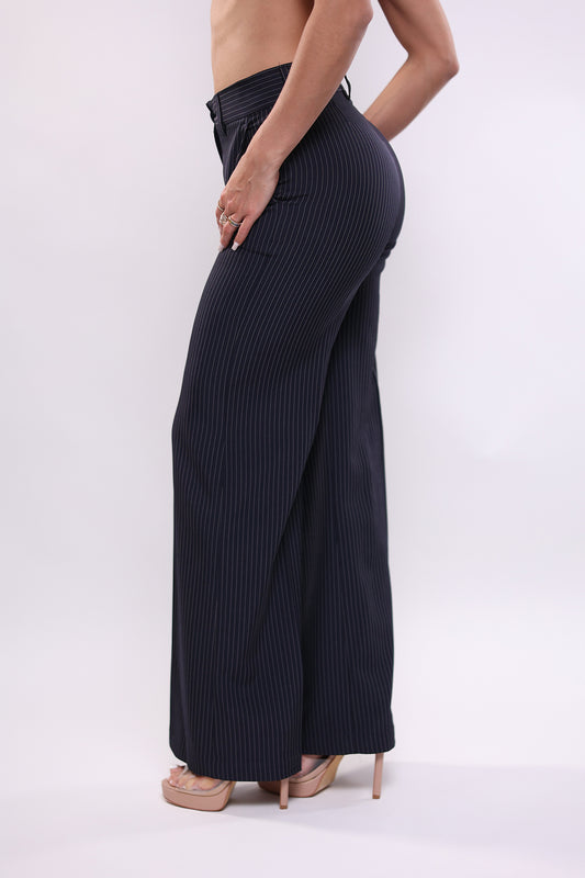 Pantalone a palazzo blu gessato