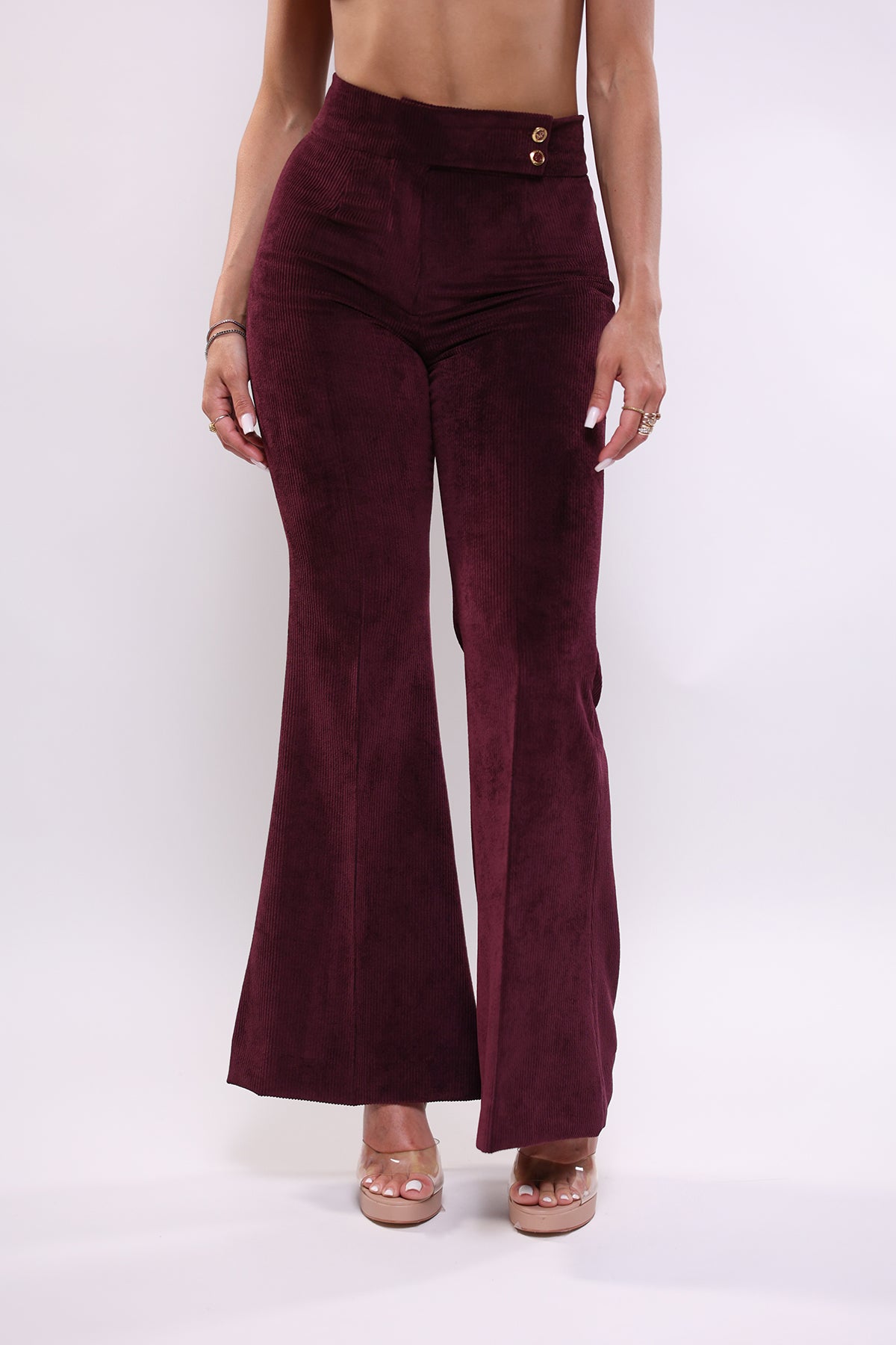 Pantalone a vita alta bordeaux a coste .