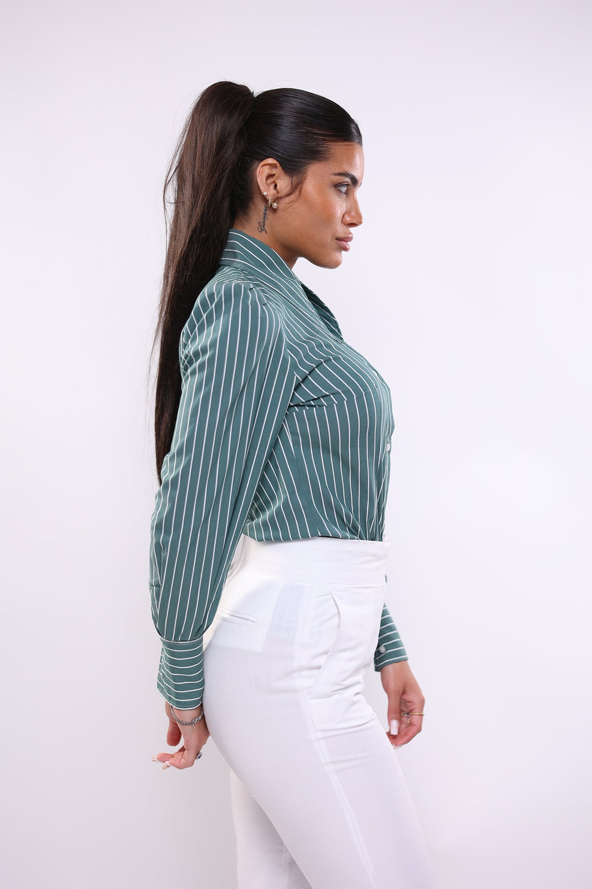 Camicia mory collo a vela verde rigato