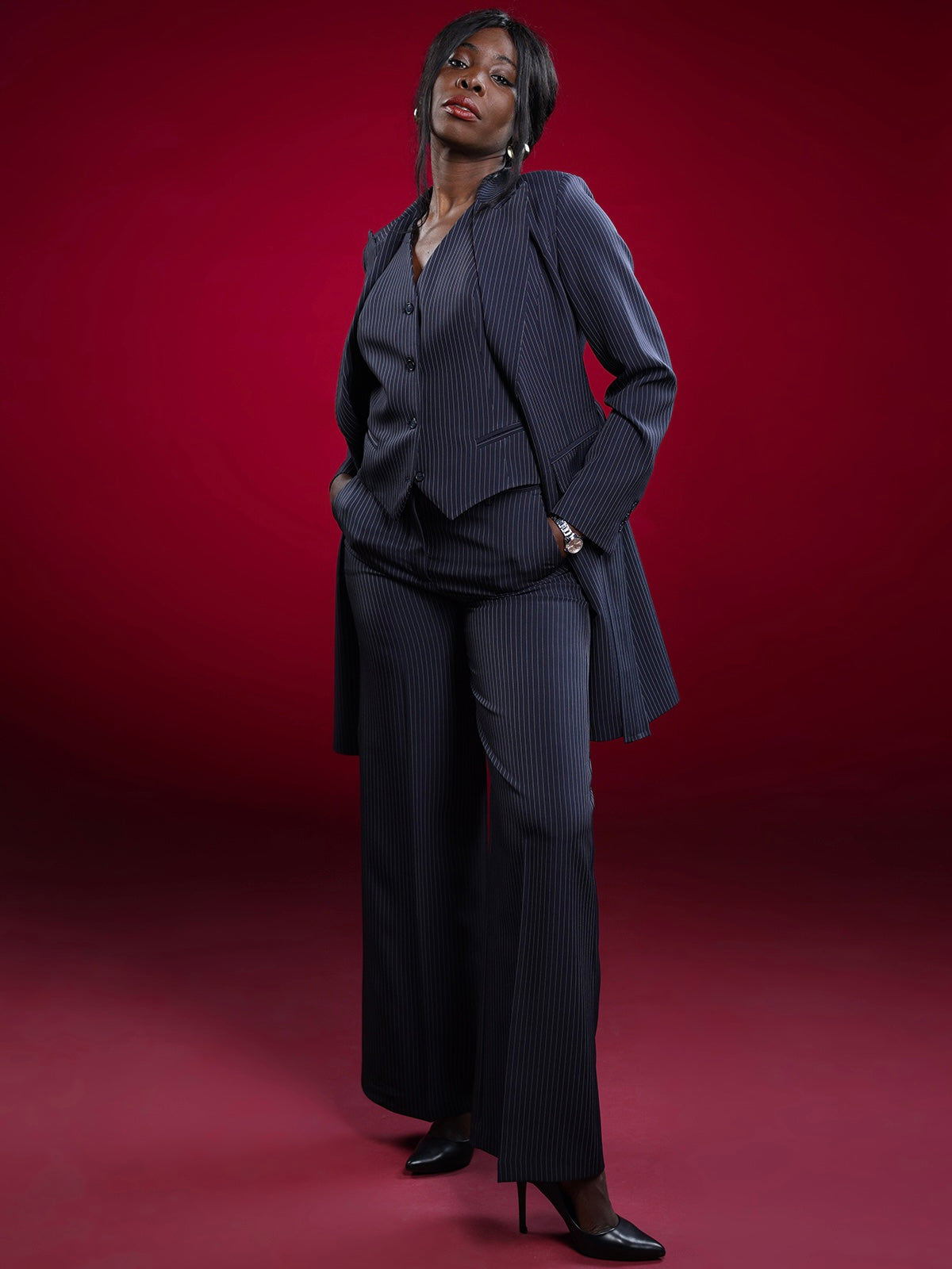 Pantalone a palazzo blu gessato