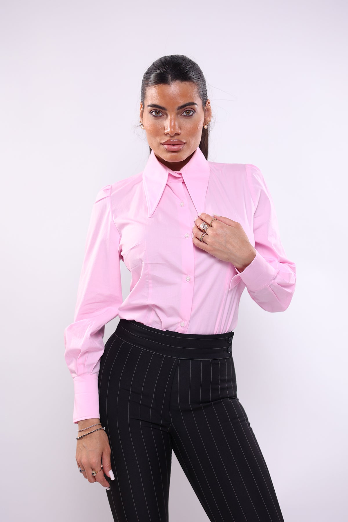 Camicia mory collo a vela in cotone rosa
