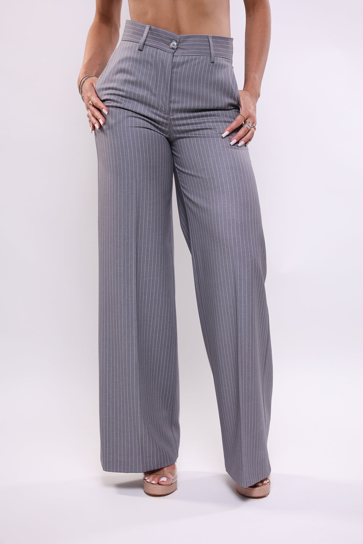 Pantalone a palazzo grigio gessato