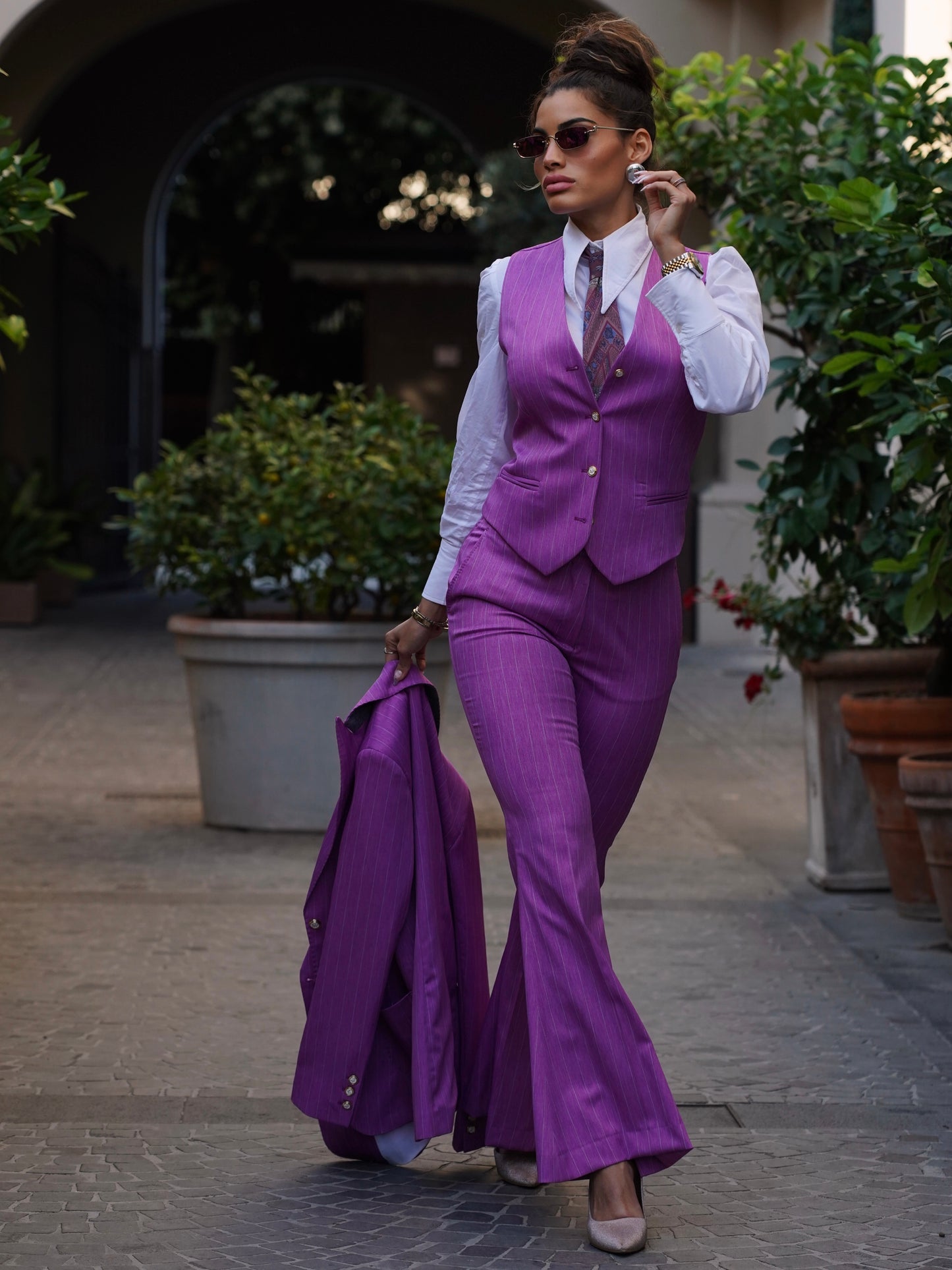 Pantalone rosa fucsia gessato a zampa