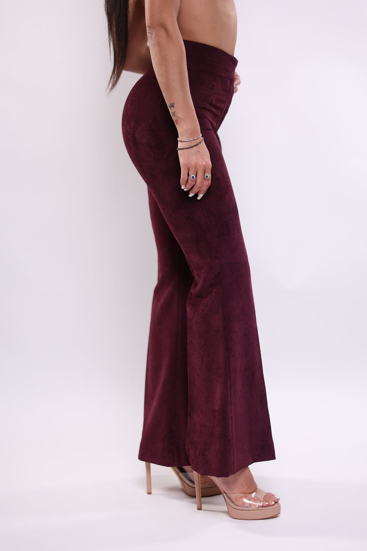 Pantalone a vita alta bordeaux a coste .
