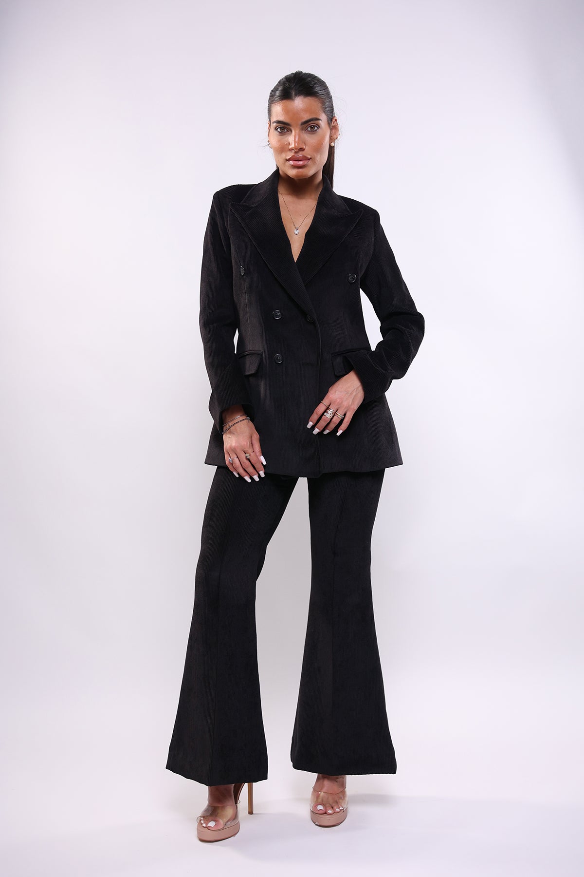 Pantalone velutto nero a coste vita alta