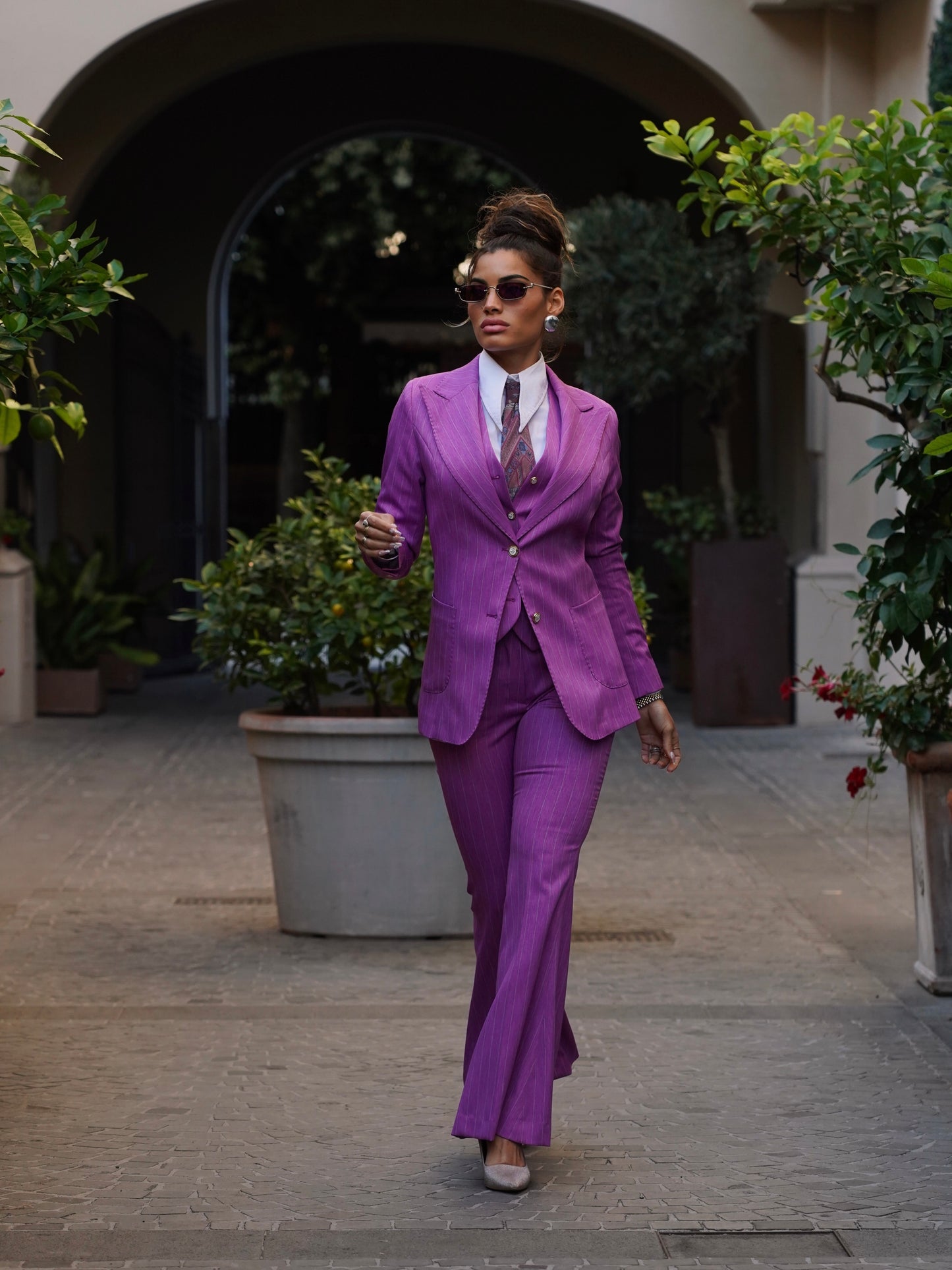 Pantalone rosa fucsia gessato a zampa