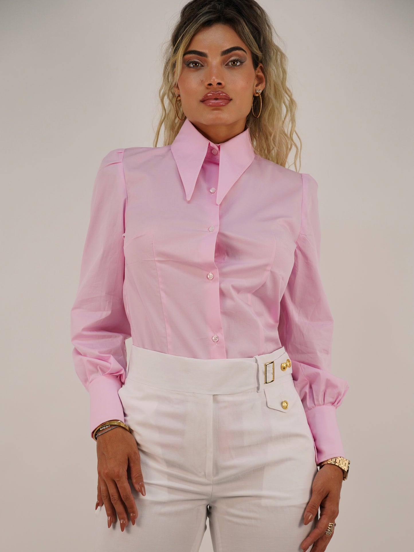 Camicia mory collo a vela in cotone rosa