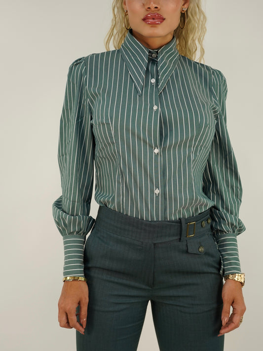 Camicia mory collo a vela verde rigato